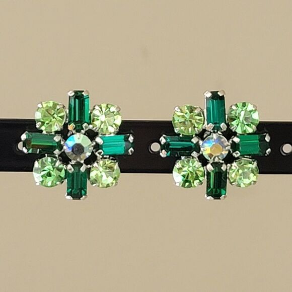 Earrings Silver Tone Green Crystal Clip On Earrings #0086 - Picture 2 of 10
